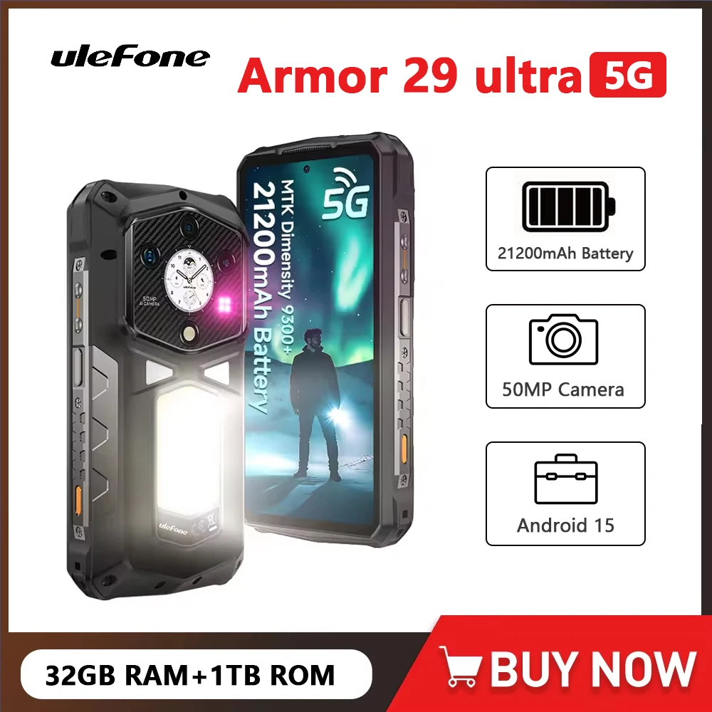 Ulefone Armor 29 Ultra 5G AI Rugged Smartphone Android 15 21200mAh 1TB ROM 32GB RAM Dual Screen 64MP Night Camera Phones NFC