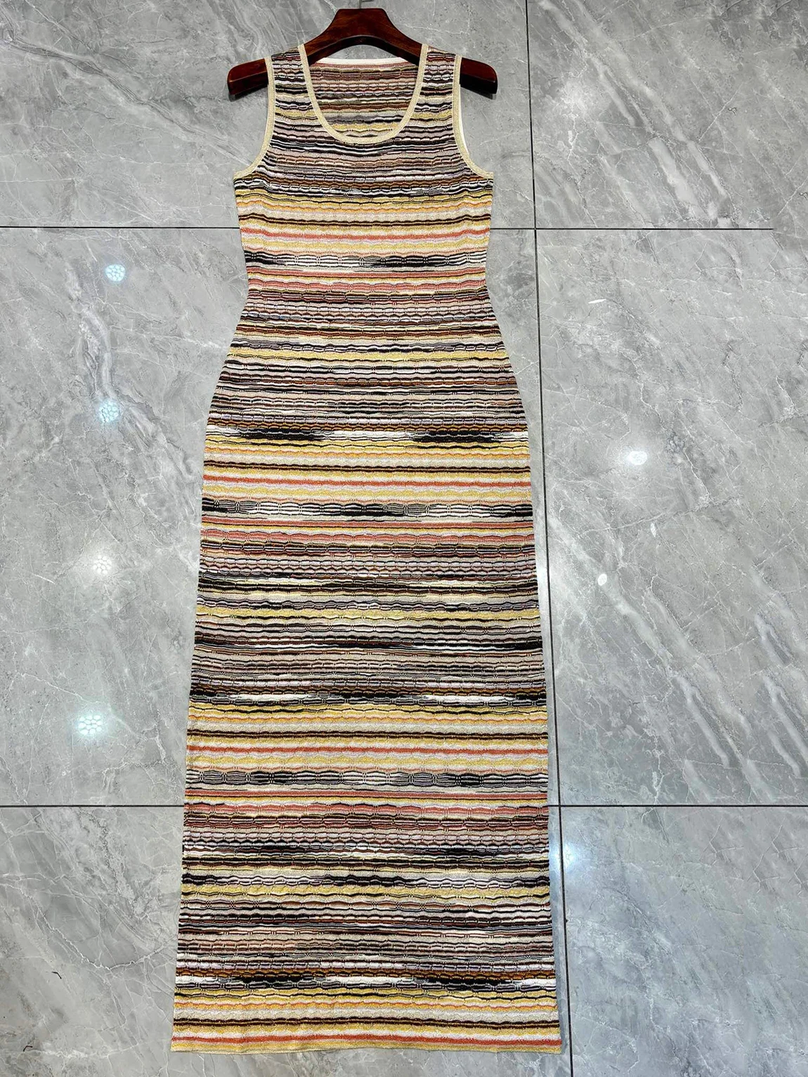 

Women Colorful Striped Vest Dress Round Neck Sleeveless Elegant Slim Knitted Robe
