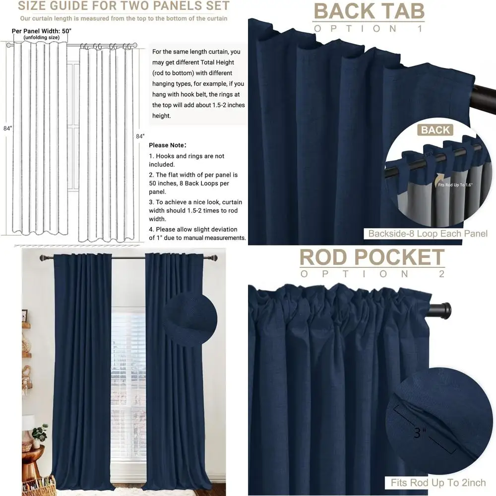 

Midnight Blue 50x84 Linen Thermal Insulated Blackout Curtains, 2-Panel Set for Bedroom & Living Room