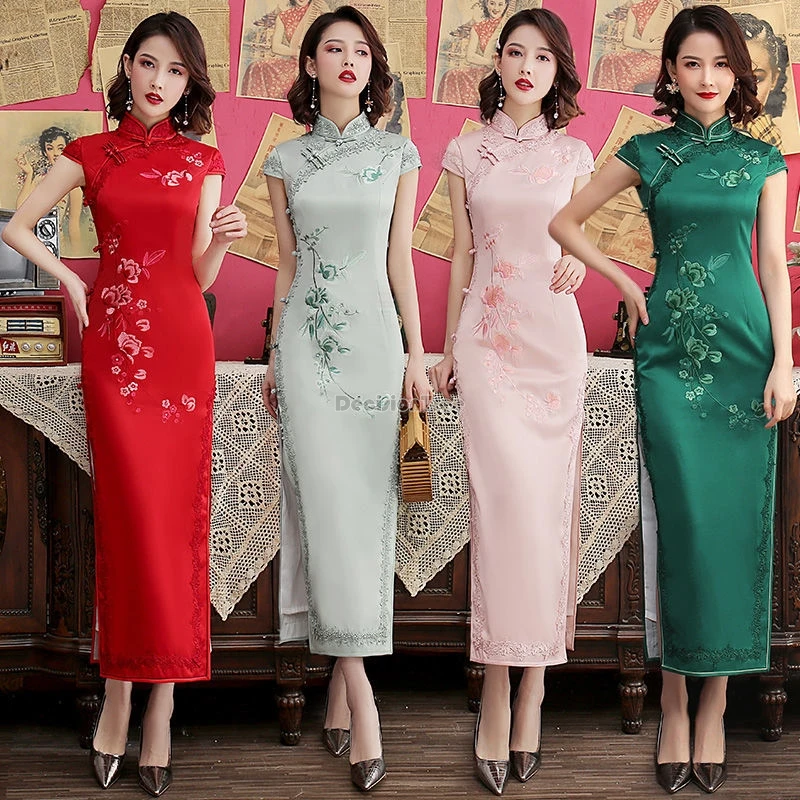 

2024 new women satin chinese style embroidered long double-layer daily cheongsam improved elegant slim party long qipao dress