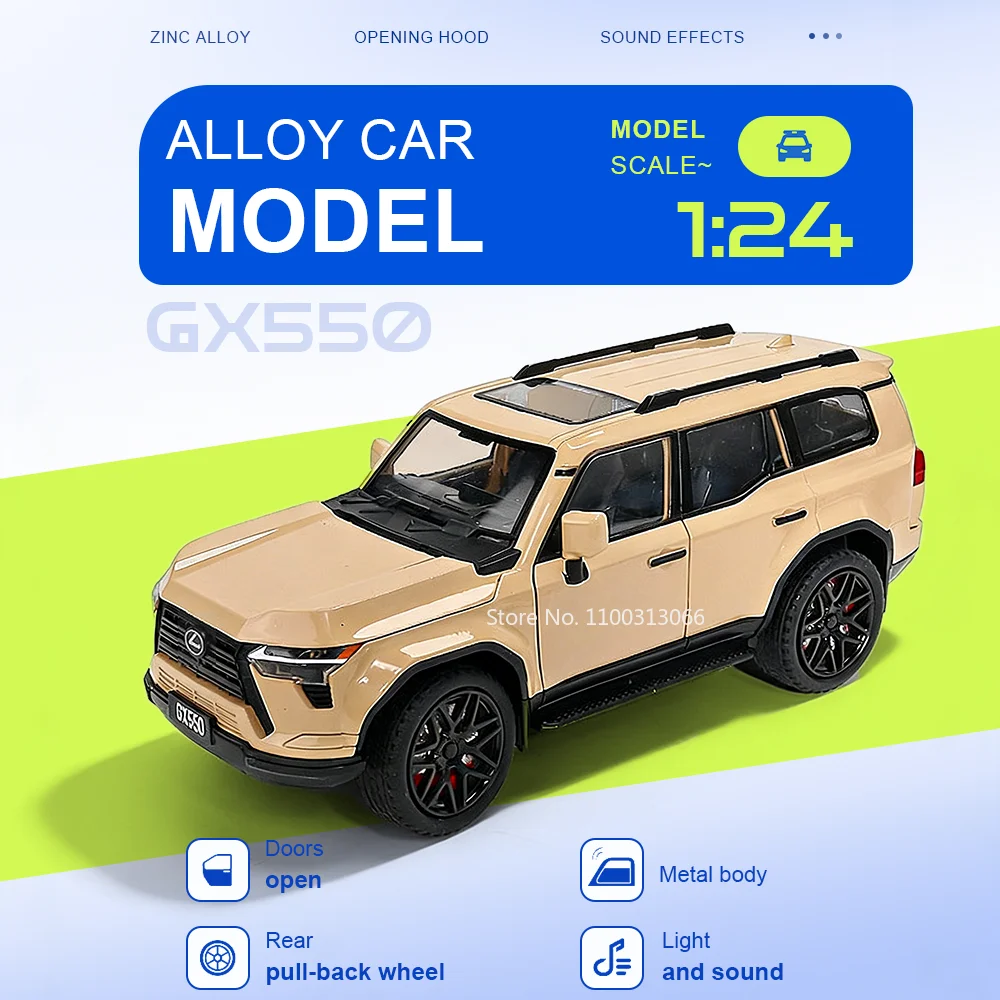 

1:24 GX550 U8 Alloy Toy Diecast Car Miniature Models Doors Opened Front Wheel Steering Pull Back Sound Light Cars Toys for Kids
