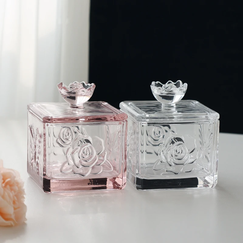 Glass Jewelry Jar Rose Crystal Cosmetics Cotton Swabs Candy Box Candle Holder Exquisite Household Lid Storage Bottle Home Decor