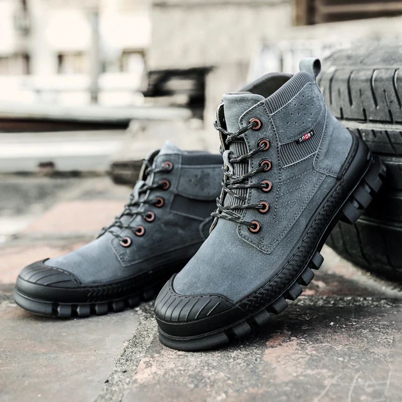 HIKEUP Men‘s Martin Boots Outdoor Sneakers Breathable Trail Walking Shoes Hiking Sports Tactical Men Shoes Cow Leather