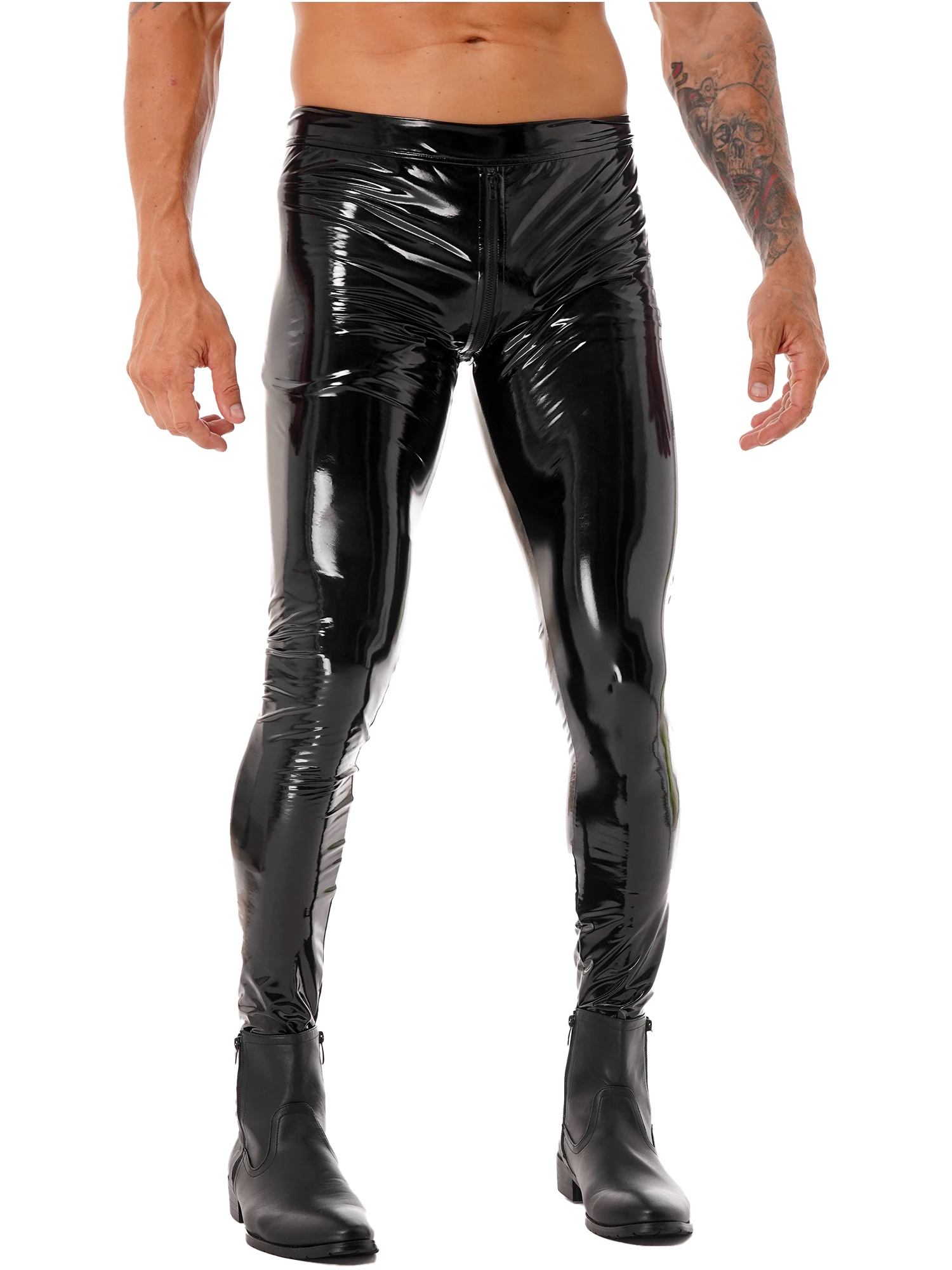 Men's Motorcycle Tight Pants Two-way Zipper Crotch Skinny Trousers Wet Look Patent Leather Long Pants Clubwear Leggings