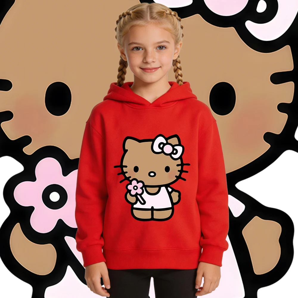 

Толстовка с капюшоном и розовым цветочным принтом Hello Kitty, теплая осенне-зимняя толстовка с флисовой подкладкой для девочек и мальчиков, детский повседневный пуловер, топ