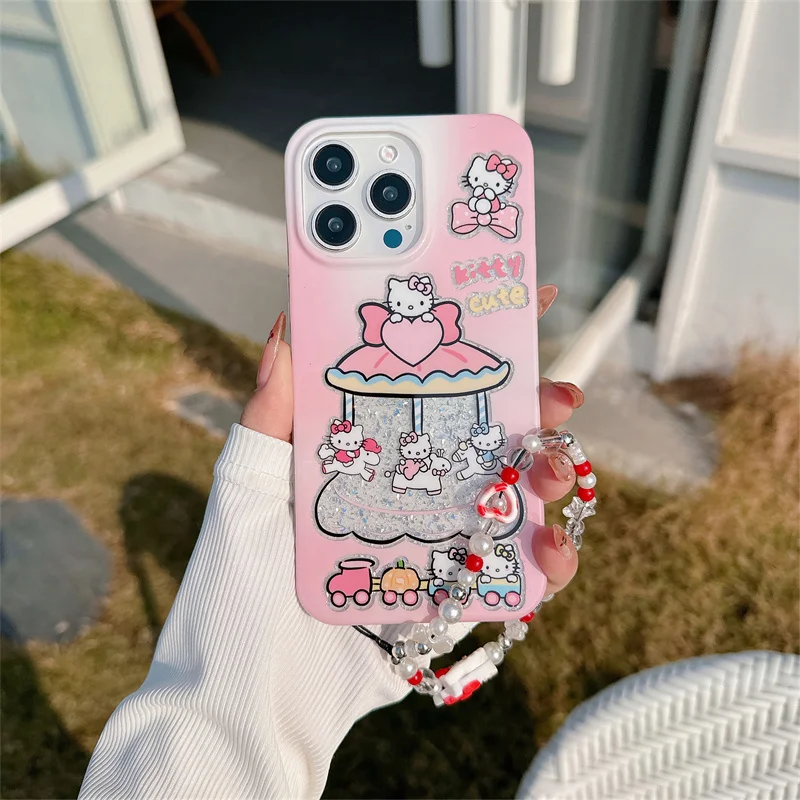

Cute Hello Kitty merry-go-round KT Bling Glitte Phone Case For iPhone 16 14 15 13 16Pro Max Lovely Cartoon KT Doll Wrist Strap