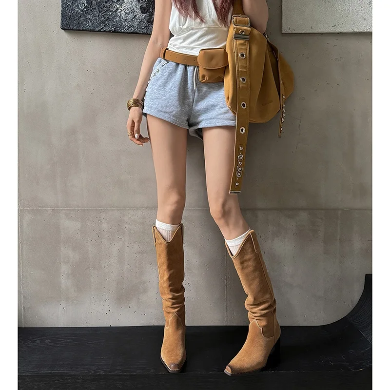 MKKHOU Fashion Knee High Boots Women's New High Quality Genuine Leather Shoes Retro Pleated High Heels Knight Boots Winter view 5