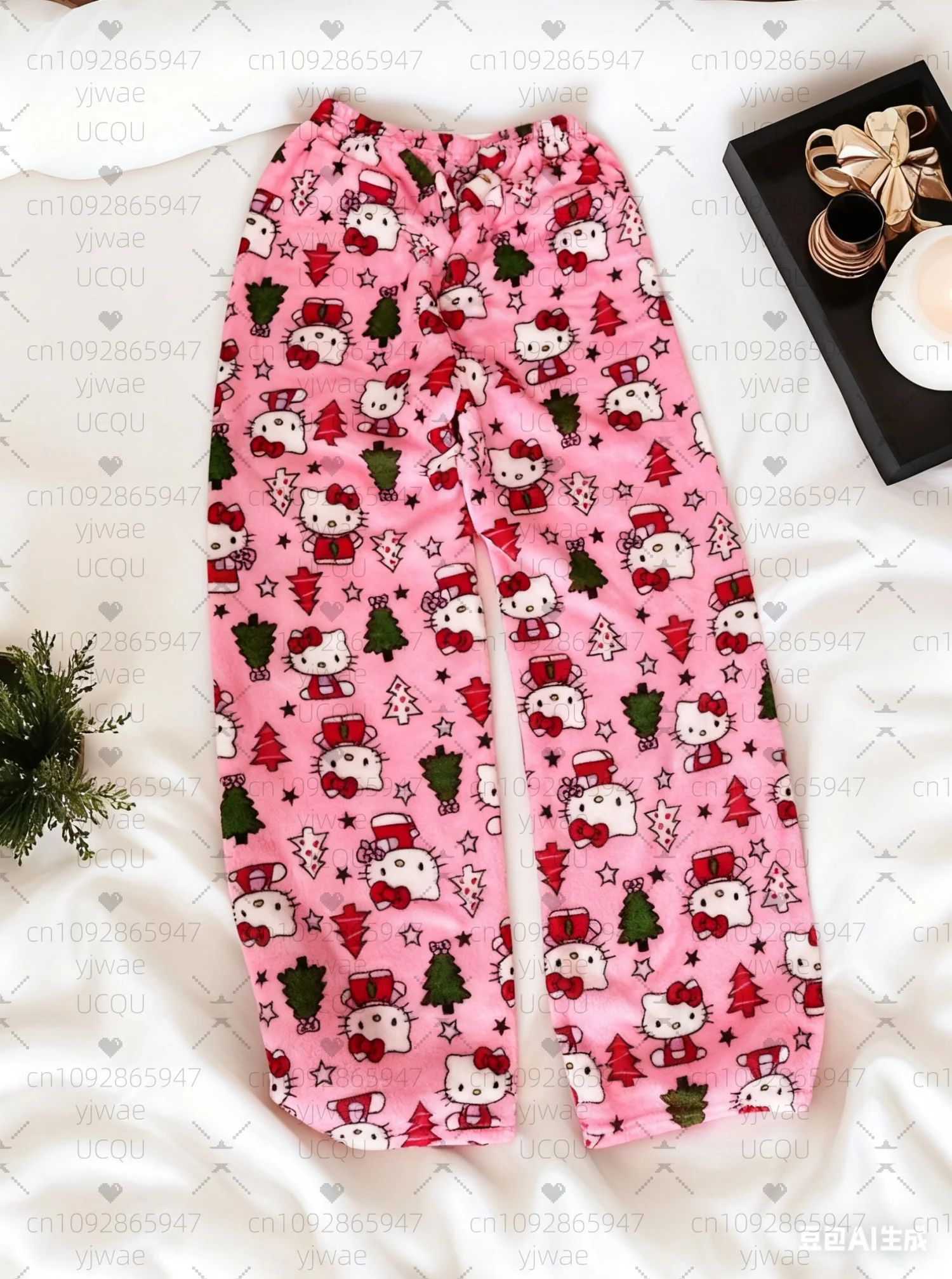2025 inverno calças de pijama feminino olá kitty árvore de natal calças de pelúcia-solto cor bloqueando calças de pijama roupas femininas