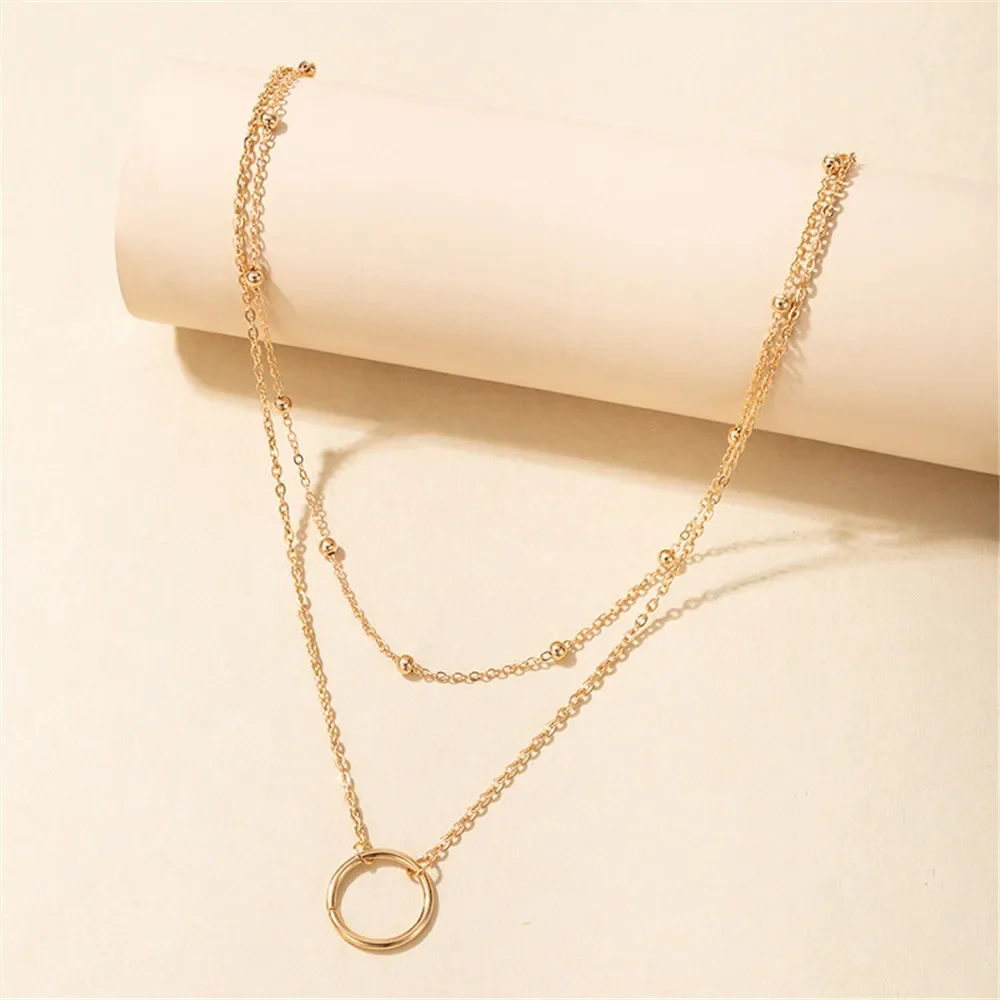 New Fashion Boho Necklace For Women Vintage Gold-plate Simple Bead Chain Circle Pendant Collar Girl‘s Jewelry Party Gift