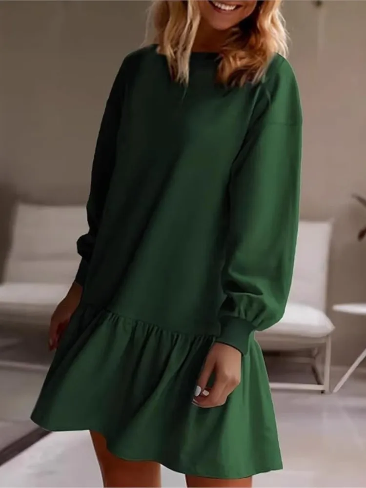

Autumn o neck Long Sleeve Sweatshirt Dress For Women Casual Ruffles Solid Color Loose Mini Dresses Spring Woman Dress