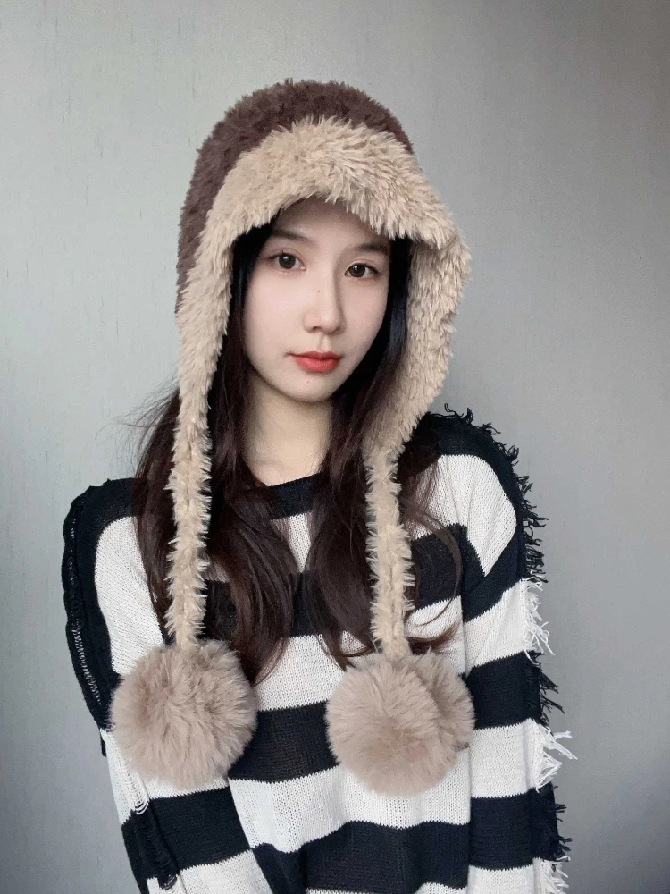 Fashion Korean Style Knitted Caps Winter Cute Hairball Hat for Women Ear Protection Warmer Ladies Y2k Aesthetic Earflap Hat Girl