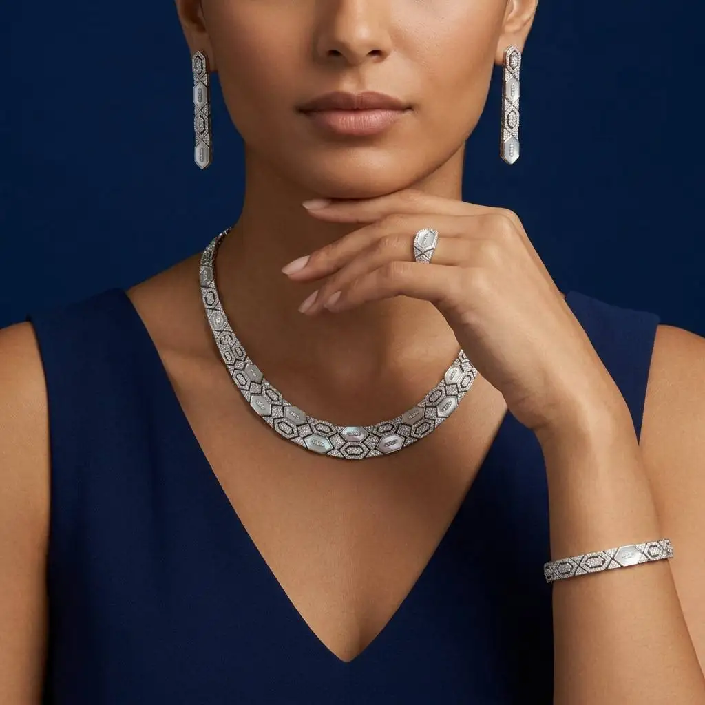 Bride Talk Luxury Copper AAA CZ MOP Hexagon Pave 4Pcs Jewelry Set Necklace Earrings Bracelet Ring Women Bridal Wedding Wholesale