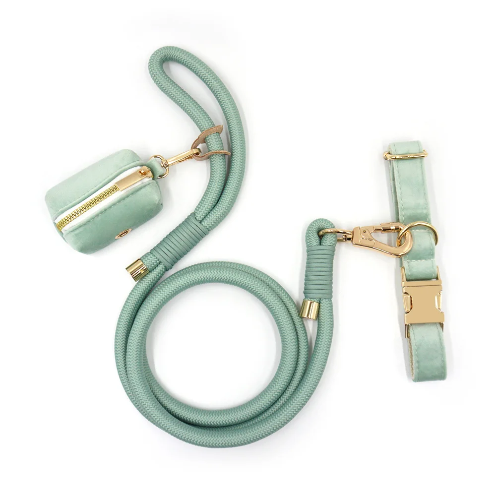 Premium Mint Green Velvet Customized Name Dog Collar 3pcs Dog Collar Round Rope Lead and Poop Bag Gift Set Luxury Walking Leash