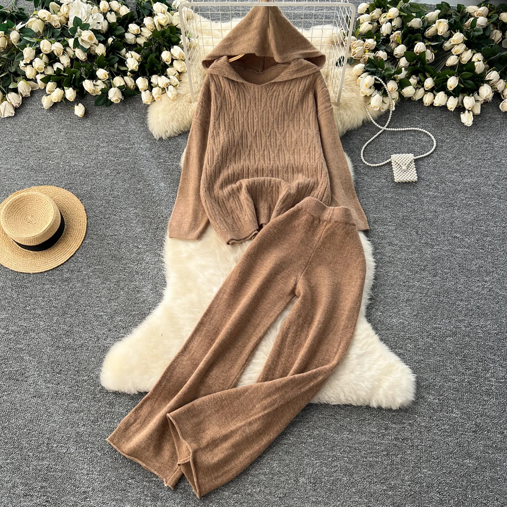 REALEFT Autumn Winter 2 Pieces Women\'s Sets Outfit Knitted Tracksuit Loose Hooded Sweater and Straight Jogging Pant Suit 2024