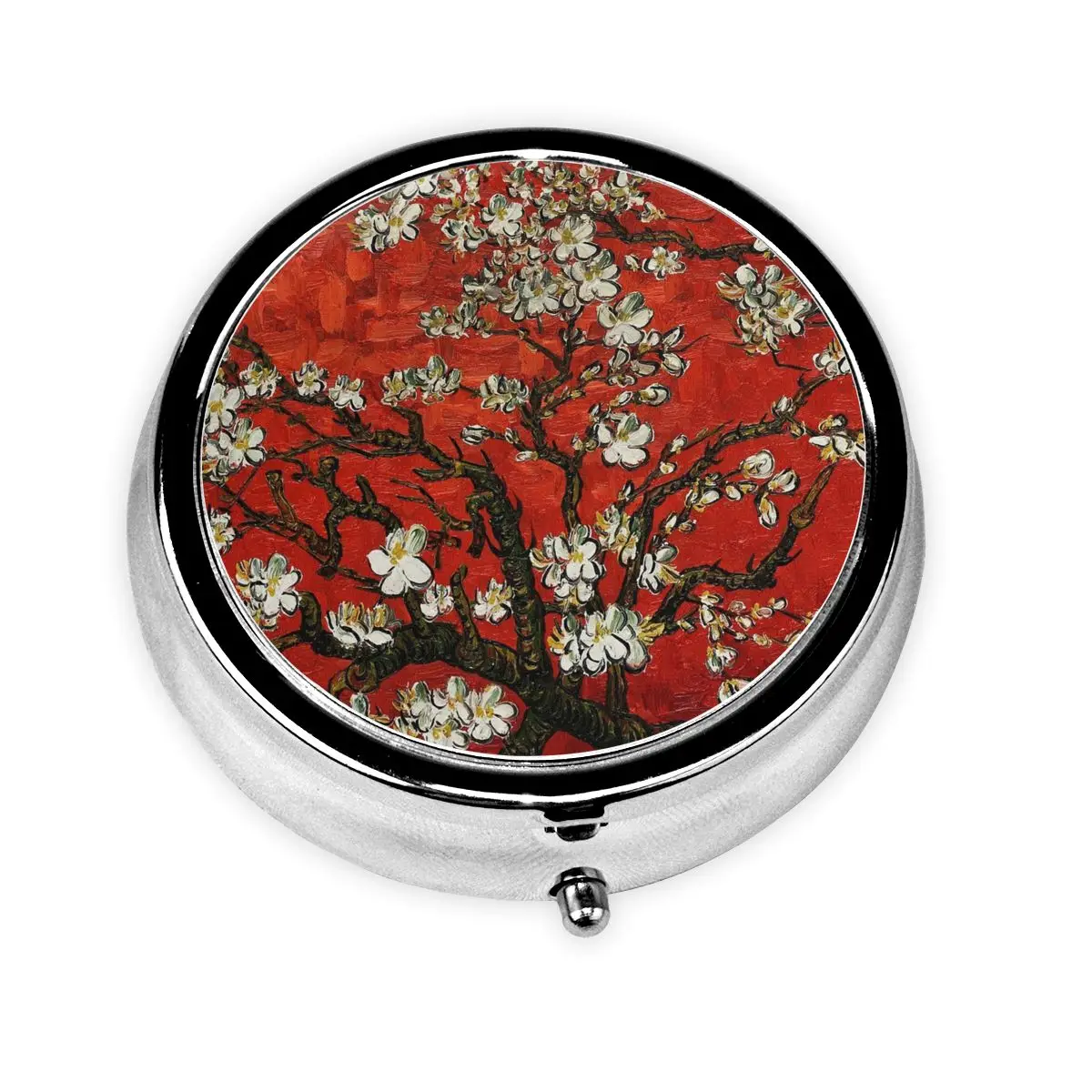 

Van Gogh Almond Blossoms In Red Round Pills Boxes Flowers Painting 3-Compartment Small Pill Organizer Medicine Box Dispenser