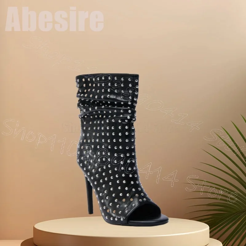 

Metal Rivets Decor Black Peep Toe Sandals Boots Back Zipper Women Shoes Thin High Heels Party Banquet 2025 Zapatos Para Mujere