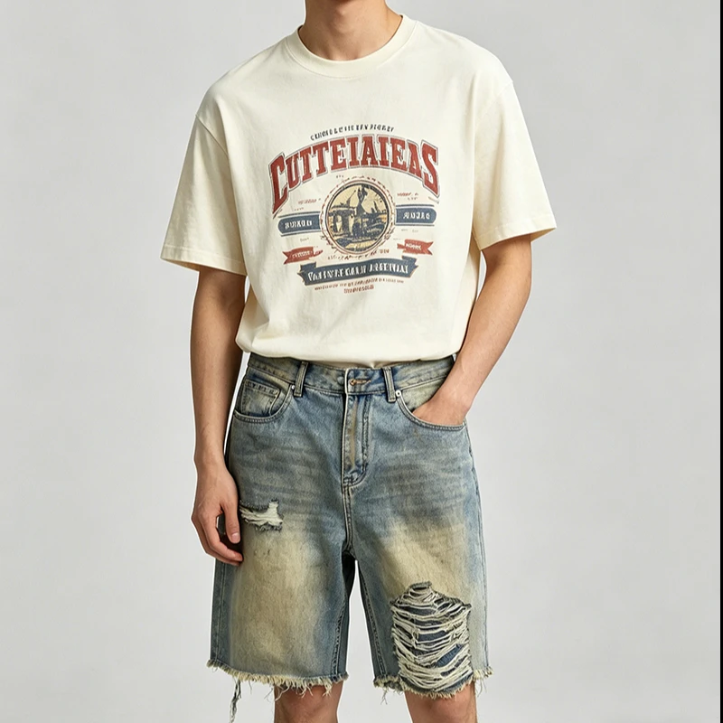 

Summer Men Jorts Denim Shorts Streetwear Loose Vintage Washed Ripped Casual Five Quarter Length Pants