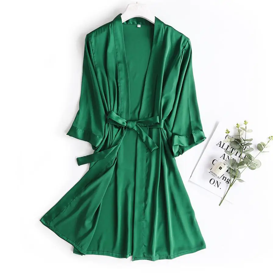 

Spring Summer New Green Kimono Robe Gown Lady Lounge Ice Silk Night Dress Half Sleeve Bathrobe Pyjamas Sexy Intimate Sleepwear