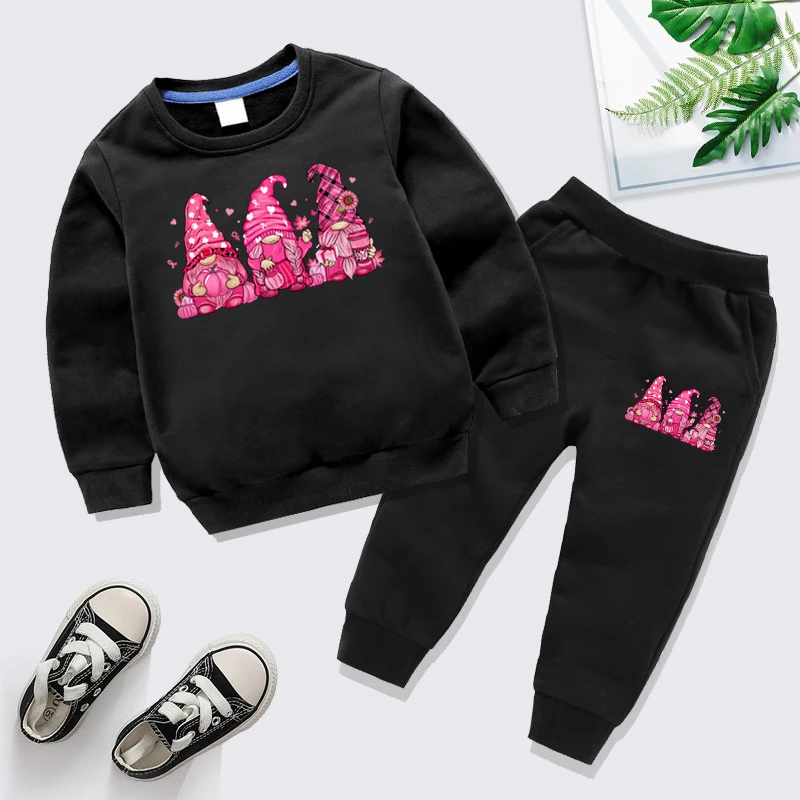 Pink Gnomes Pumpkin Coffee Print Children's Sets Fashion Cartoon Autumn Style Sweatshirt and Pants Two Pieces Sets Boys Girls