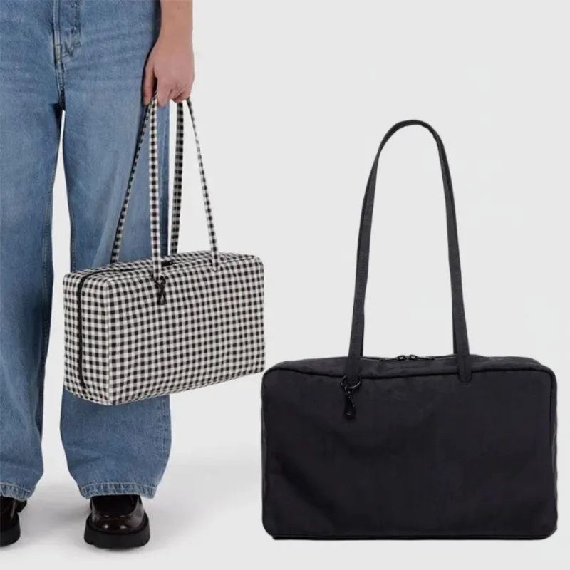 

New Style Checkered Shoulder Bag Fashion Solid Color Simple Large Capacity Nylon Tote Bag Canvas Travel Bag Unisex Storage Bag