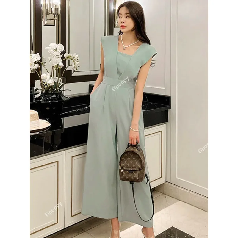 

2024 New Fashion Elegant Summe Business Jumpsuits Women Square Neck Wide Leg Trousers Long Playsuits Casual Work Wear Rompers