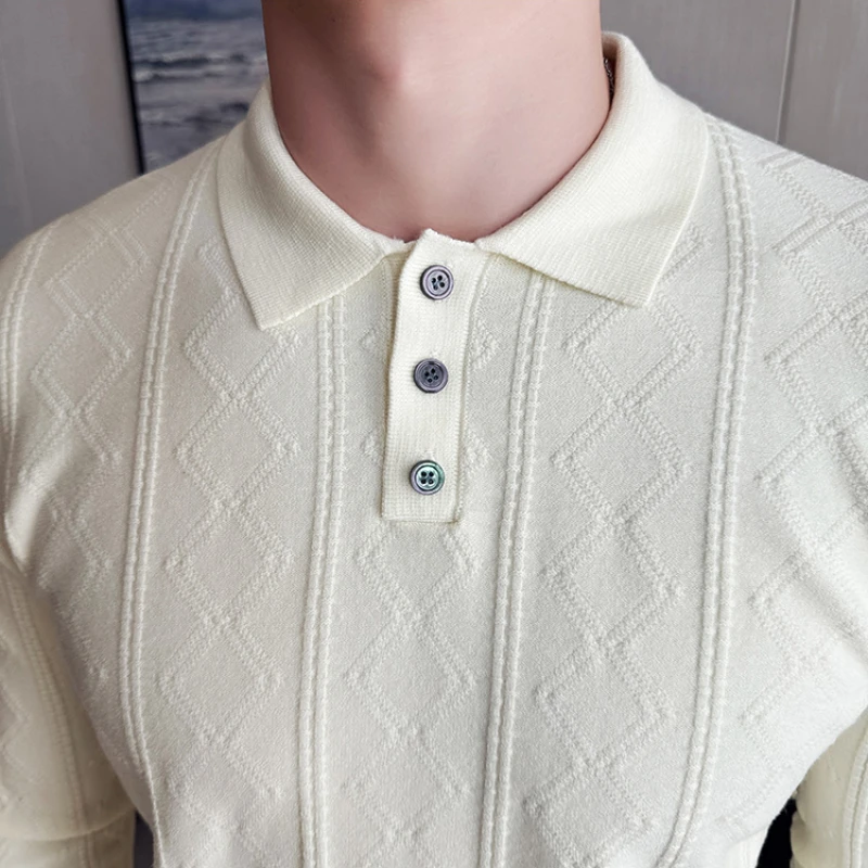 Exquisite Geometric Pattern Solid Color Business Casual POLO Men's British Style Pullover Sweater Slim Base Shirt. M-4XL