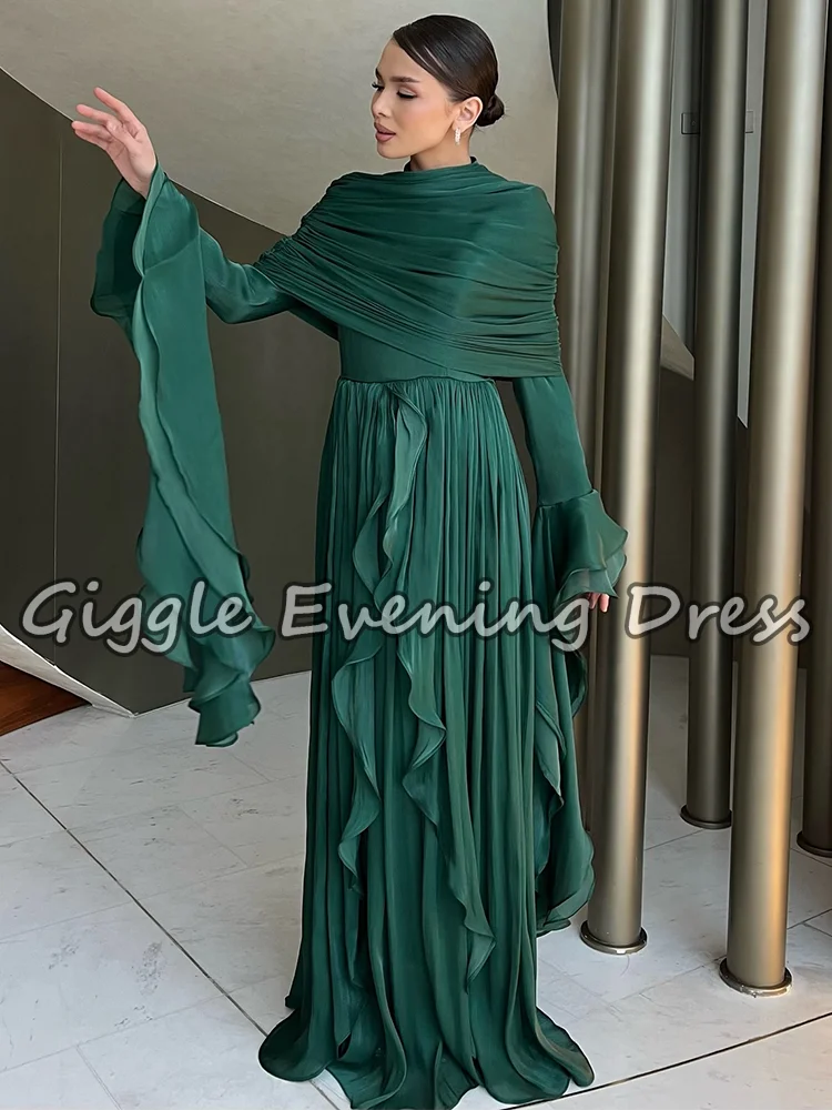Robe de soirée à volants en mousseline de soie vert Giggle, ligne a drapée, manches longues, robe de soirée musulmane, robes de bal arabes saoudiennes personnalisées