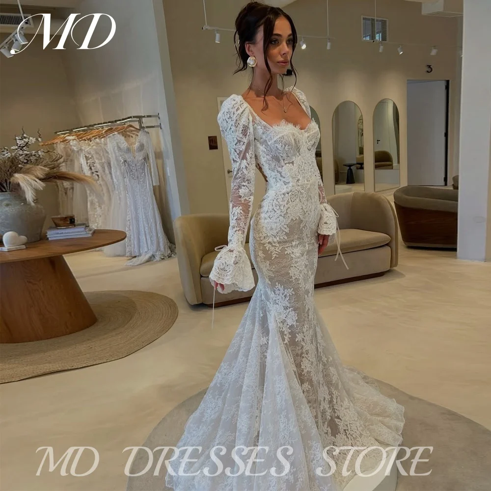 MD Exquisite Customized 2025 Mermaid Wedding Dress Lace Embroidery Strapless Full Sleeves Backless Bridal Gown Vestidos De Novia