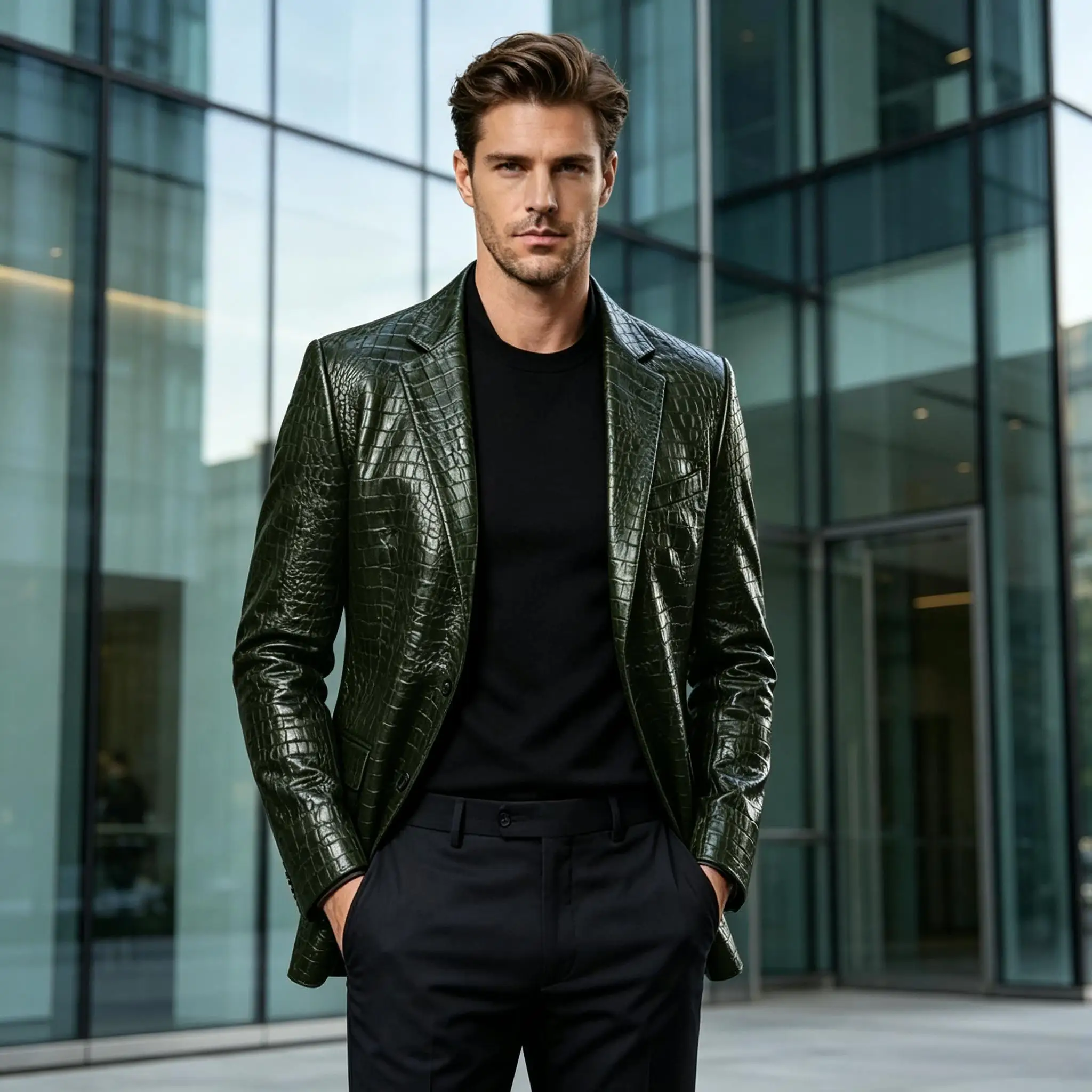 Men Crocodile Texture Leather Blazer Notched Lapel Slim Fit Single Breasted Suit Jacket Nightclub Party Business Outer Coat