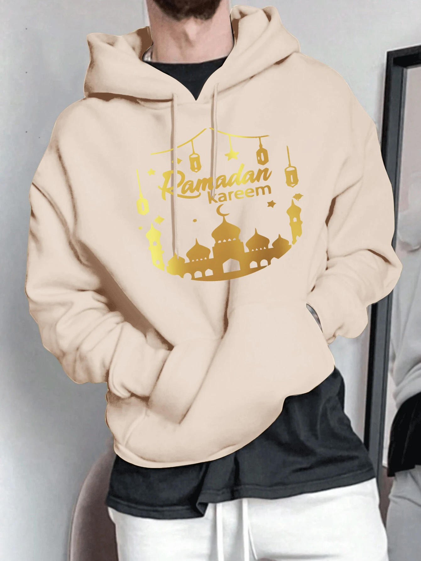 

Мужская толстовка с капюшоном и узором в виде фонаря Ramadan Kareem, осенняя базовая модель, удобная флисовая толстовка с длинными рукавами, теплый спортивный костюм, топы для повседневной носки.