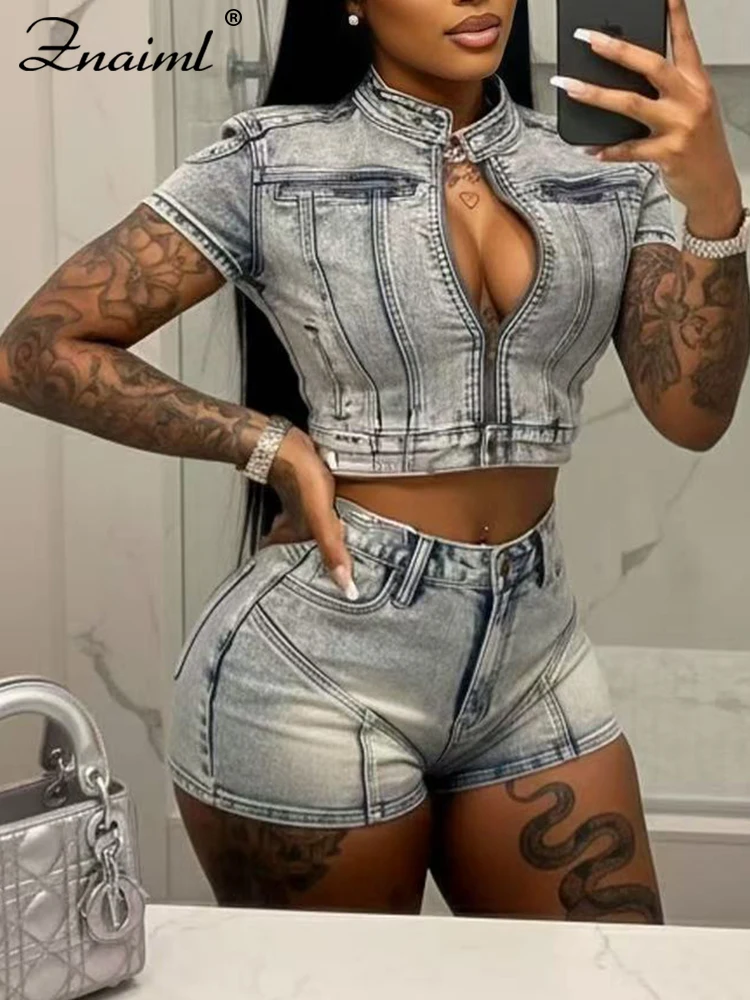 Znaiml Ladies Fashion Faded Washed Denim Two Piece Shorts Suit Short Sleeve Cropped Jacket and Hot Pants Streetwear Beach Outfit