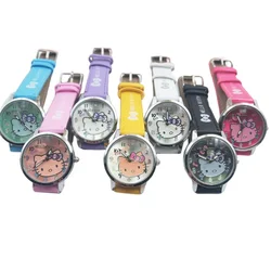 Miniso Anime Cartoon Sanrio Hello Kitty Waterproof Round Quartz Girls Students Watch Kids Leather Belt Watch Birthday Gifts