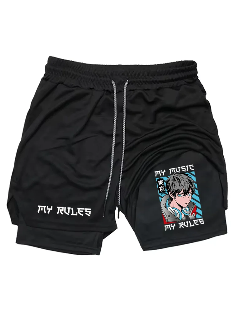 

Men's 2-in-1 Anime Graphic Shorts, Quick Dry Breathable Athletic Gym Running Workout Casual Sports Shorts with Drawstring WX010