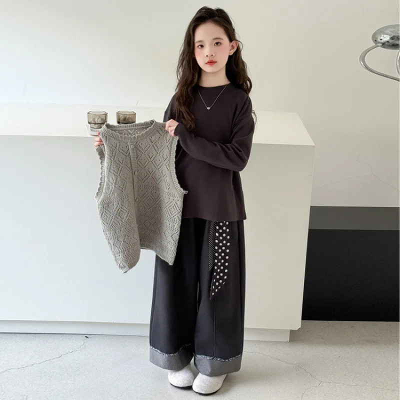 

Korean Junior Girls 3pcs Outfit Autumn Simple Undershirt+Knitted Vest+Patchwork Straight Leg Jean Teenager Girls Fashion Sets