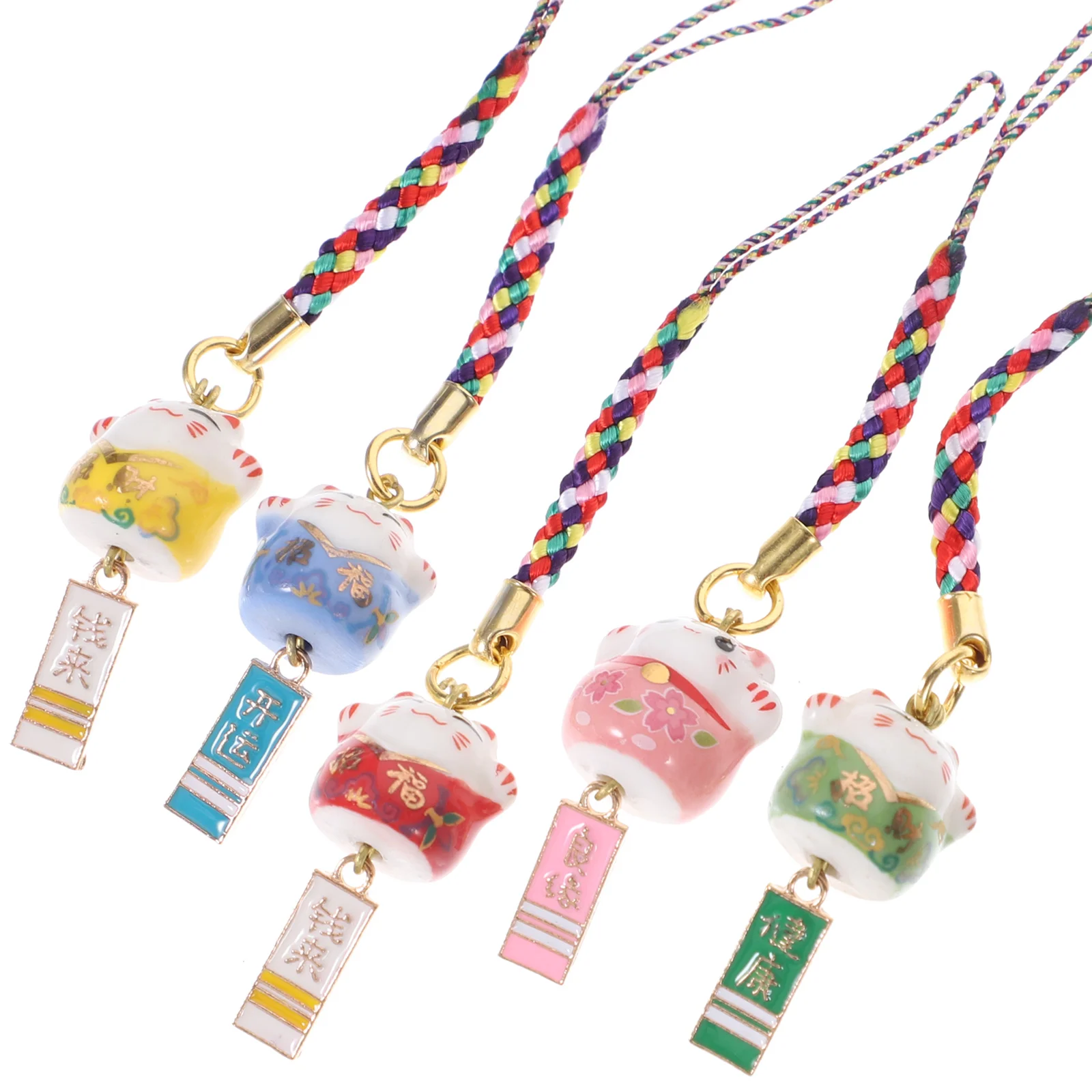 5 Pcs Ceramic Lucky Cat Smartphone Pendant Chic Lanyard Keys Hanging Ornament Decorative Fortune Lovely Bell Copper Car Gadgets