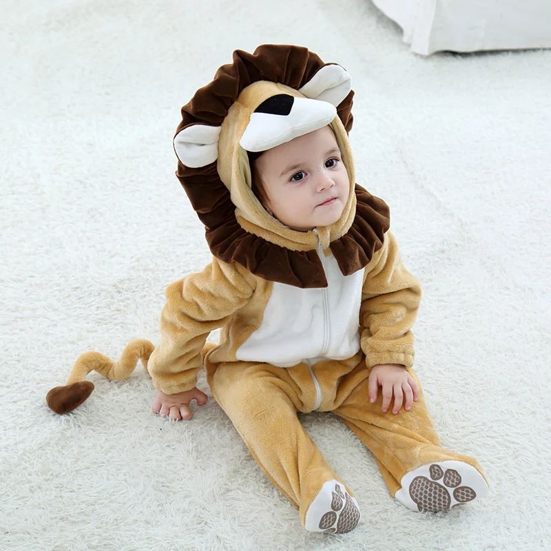 Cartoon Little King of Beasts Lion Costume Romper Jumpsuit for Baby Boy Infant Toddler Winter Outfit Pajamas Flannel Comfy 0-36M