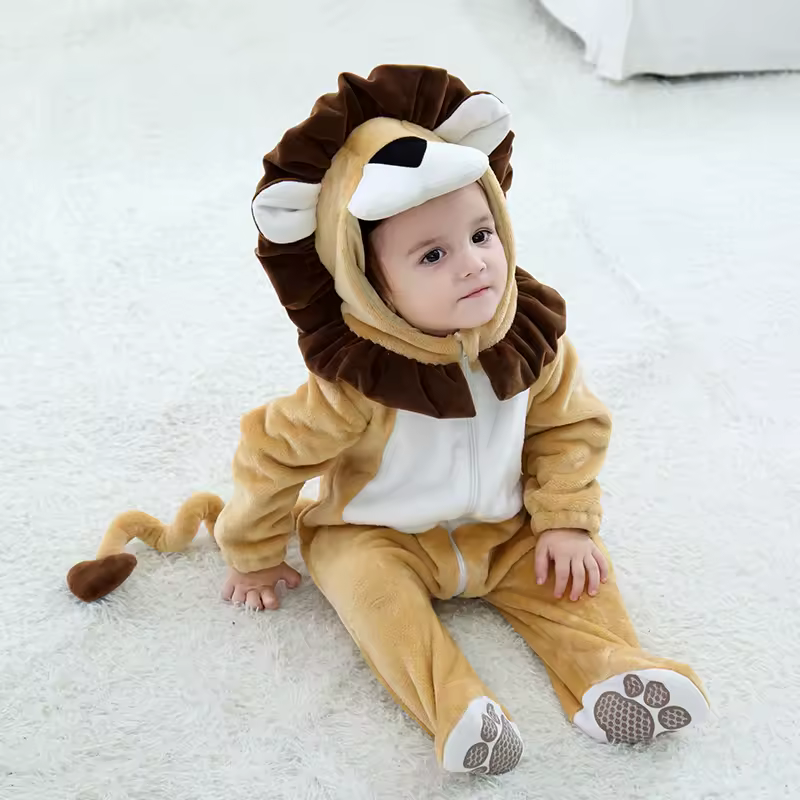 Cartoon Little King of Beasts Lion Costume Romper Jumpsuit for Baby Boy Infant Toddler Winter Outfit Pajamas Flannel Comfy 3-36M - Image 3