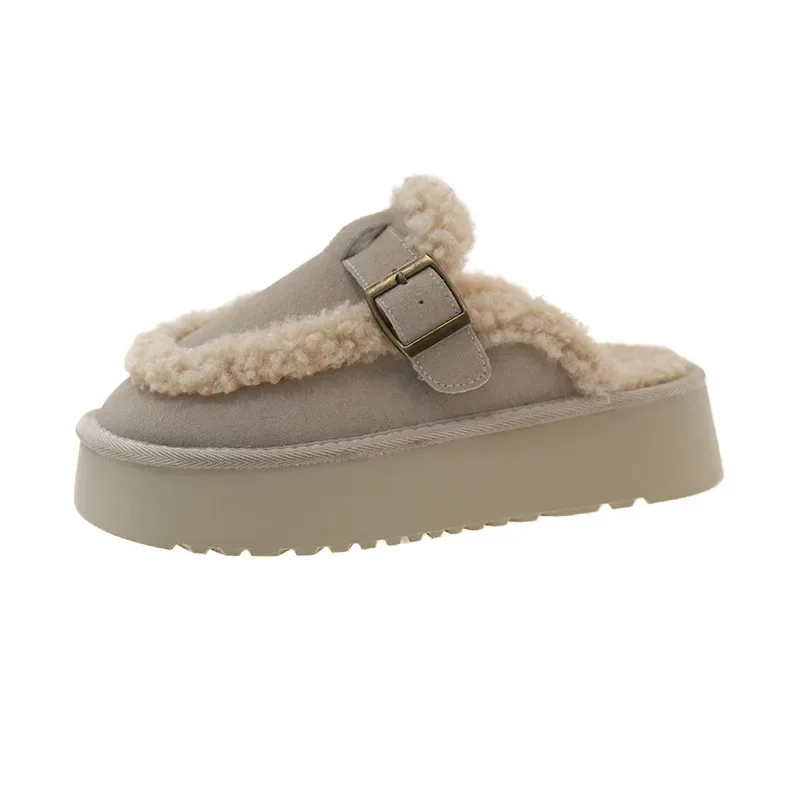 الشتاء سميكة القاع التمهيد نعال من القطن المرأة صوف مبطن الانزلاق على مغطاة تو نصف النعال الكورية نمط حذاء مسطح #5