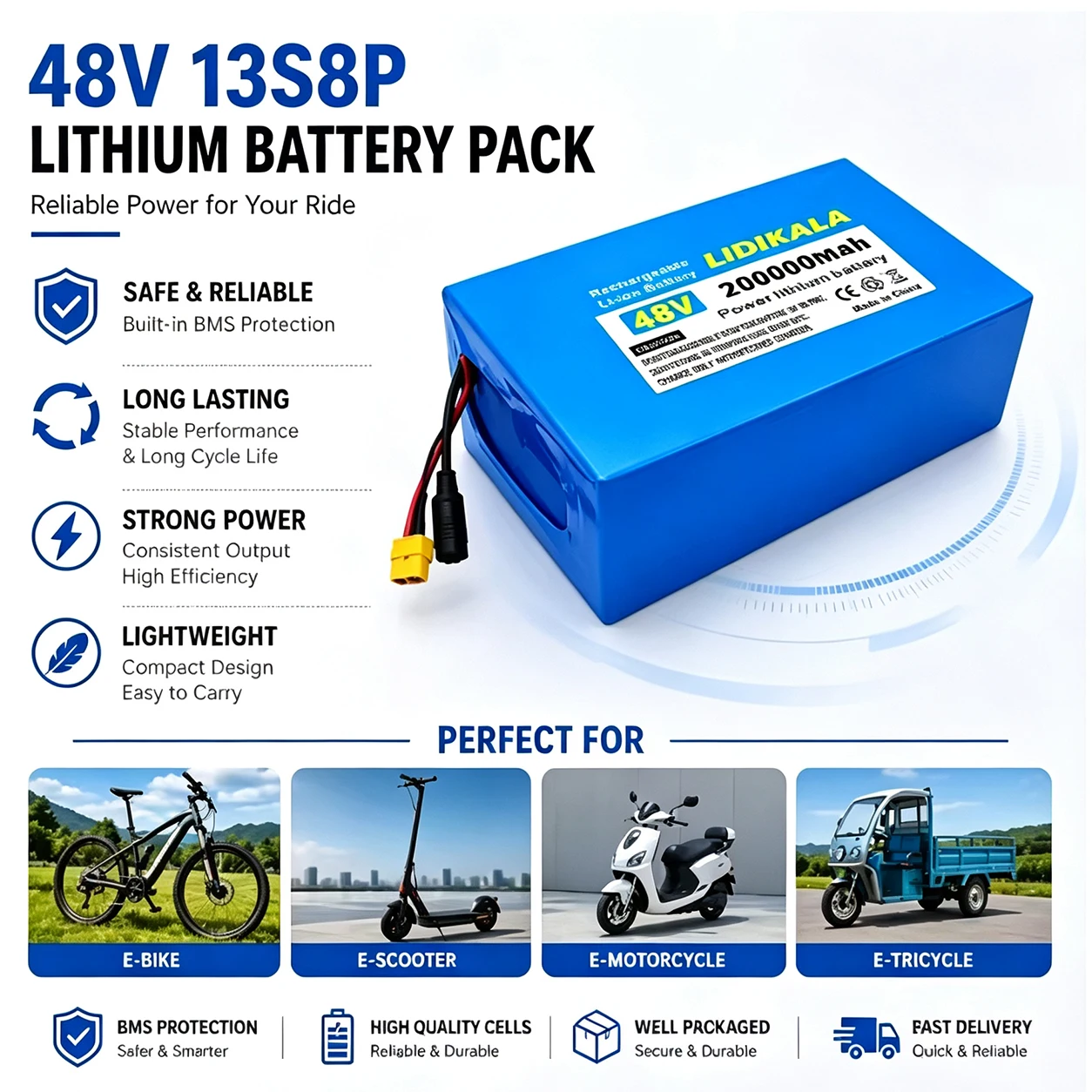 48V Lithium-Akku-Pack 13S8P 200.000mAh Brandneuer 18650 Lithium-Akku-Pack, mit integriertem BMS-Schutzboard, geeignet für Elektrofahrzeuge, Roller und DIY-Projekte. Inklusive eines 54,6V-2A-Ladegeräts