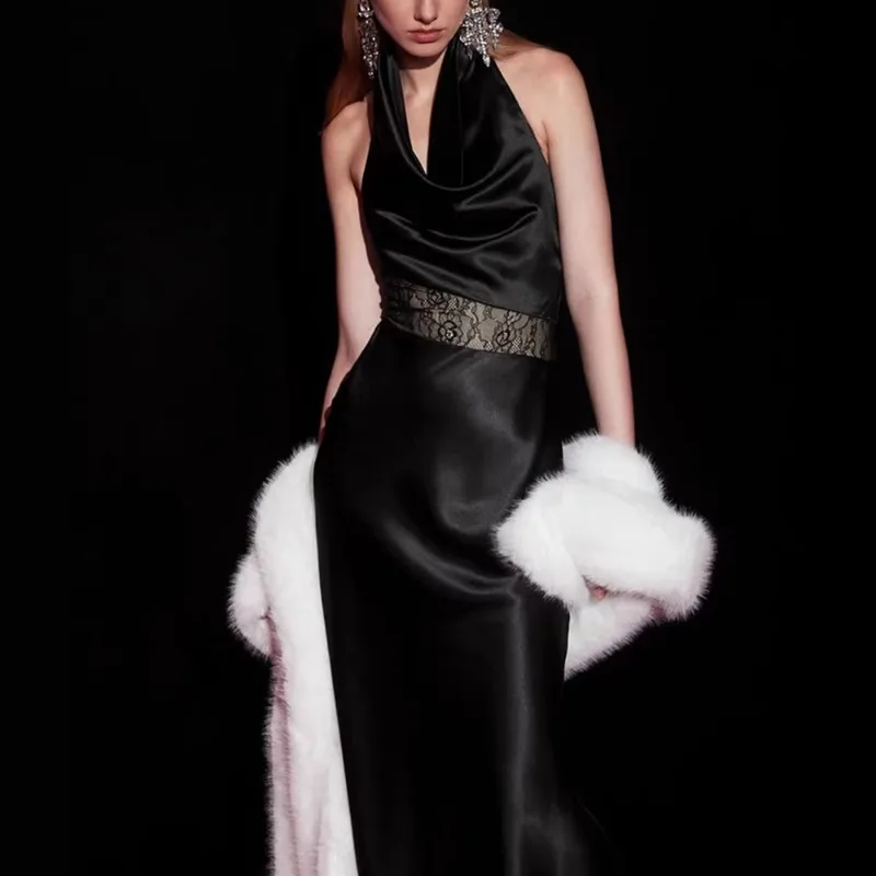 فستان Tuularose أنيق من الساتان موضة الدانتيل الأسود المرقعة المجهزة بلا أكمام فستان بدون ظهر فاخر للنساء فستان سهرة للحفلات