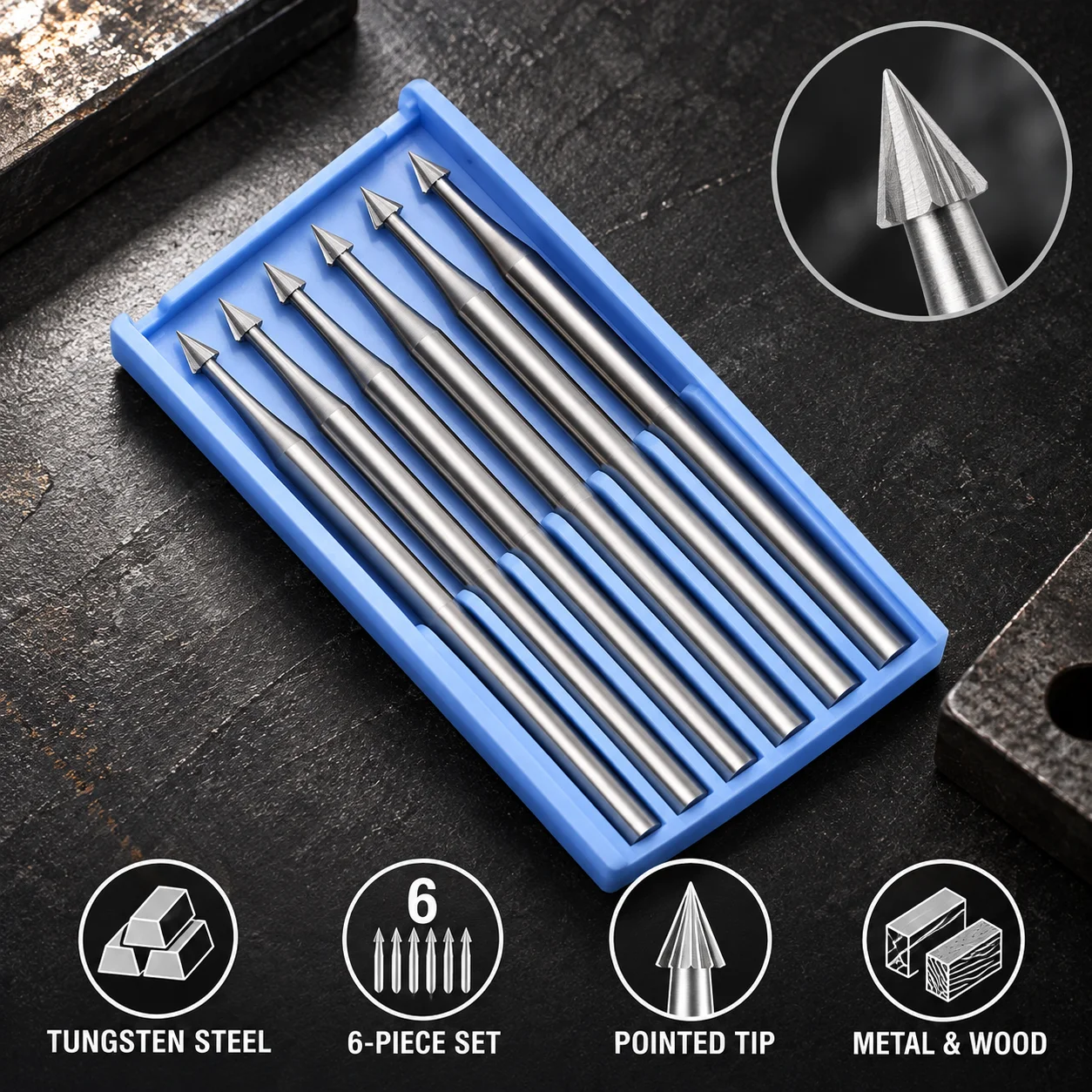 Professional Tungsten Steel Carving Knife Engraving Tool Set 6Pcs - Durable Precision Burr for Metal Wood Polishing Carving DIY