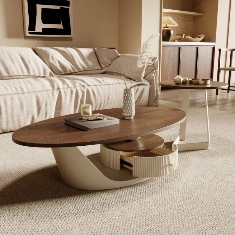 

Italian solid wood coffee table combination, light luxury French medieval oval living room home rock slab high-end small