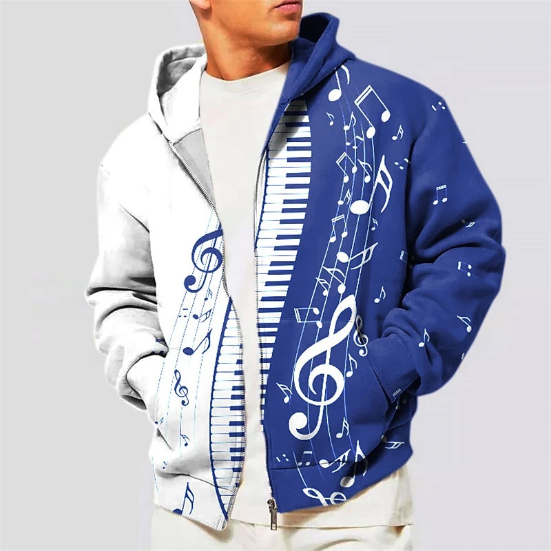 Casual Piano Keys Pattern Zipper Hoodie Fashion Trend 3D Musical Notes Printed Zip Up Hoodies Autumn Loose Harajuku Sweatshirt