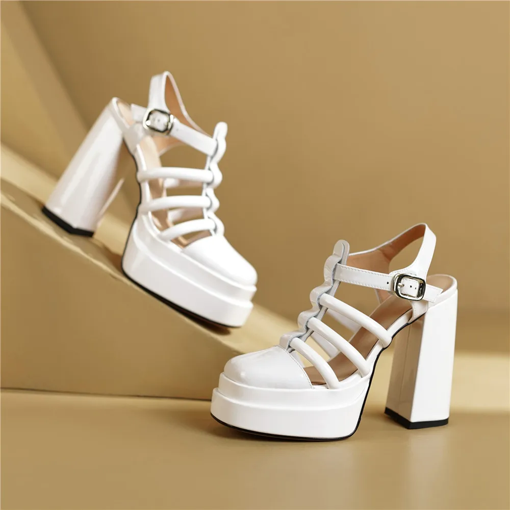 Aucegi Summer Women Fashion Platform Square Toe Gladiator Sandals Chunky High Heel High Quality Buckle Strap Dress Party Shoes