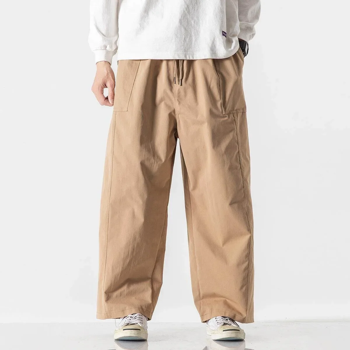 LIBIELIY Spring Summer Ankle Length Pants Men Casual Streetwear Wide Leg Pants Solid Straigh Loose Hip Hop Sports Harem Cargo Tr