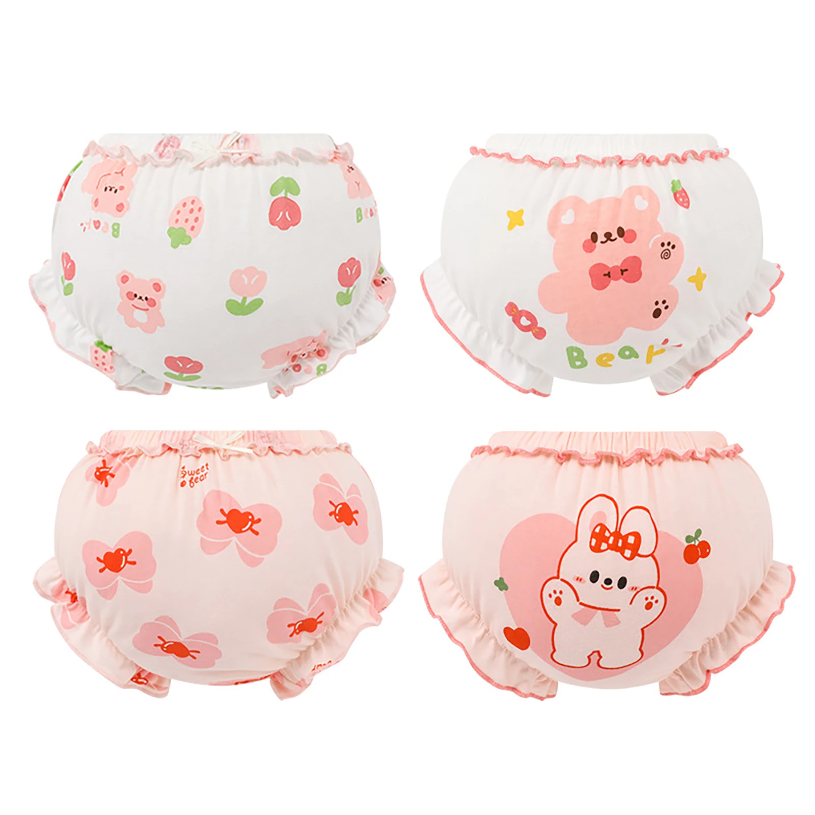 

4Pcs Baby Girls Cotton Bloomers Cute Print Ruffle Bow Diaper Covers Assorted Toddler Girls Summer Shorts Underwear Panties