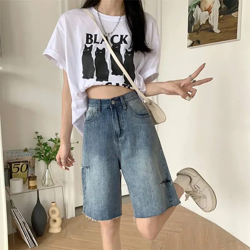 Denim shorts damesmode hoge taille eenvoudig effen ontwerp recht vrije tijd zomer gat all-match hotsweet dagelijks elegant doe oud