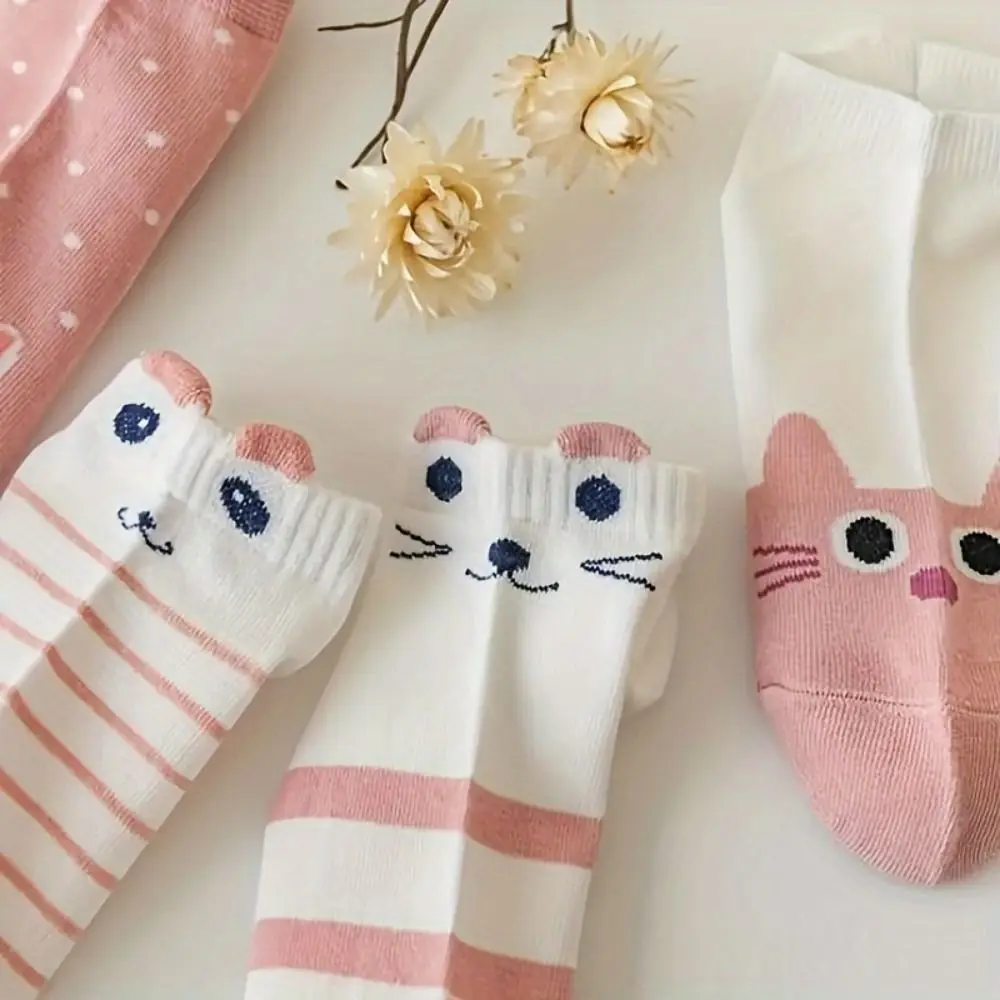 5 Pairs Summer Cartoon Cat Print Socks Thin Stripe Mid-tube Socks Speckle Soft Low Cut Ankle Socks Outdoor image 3