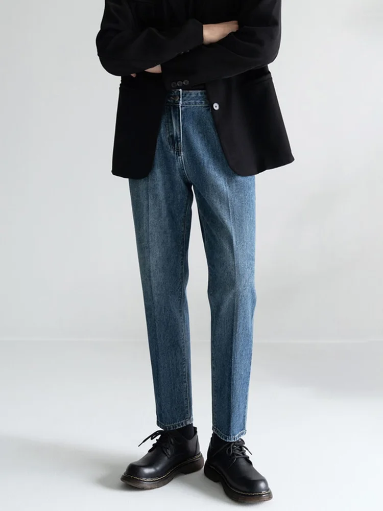 

Loose Straight Leg Men's Jeans Nine Points Spring Autumn Retro Blue Korean Version Trendy Casual Men's Pants Youth ular