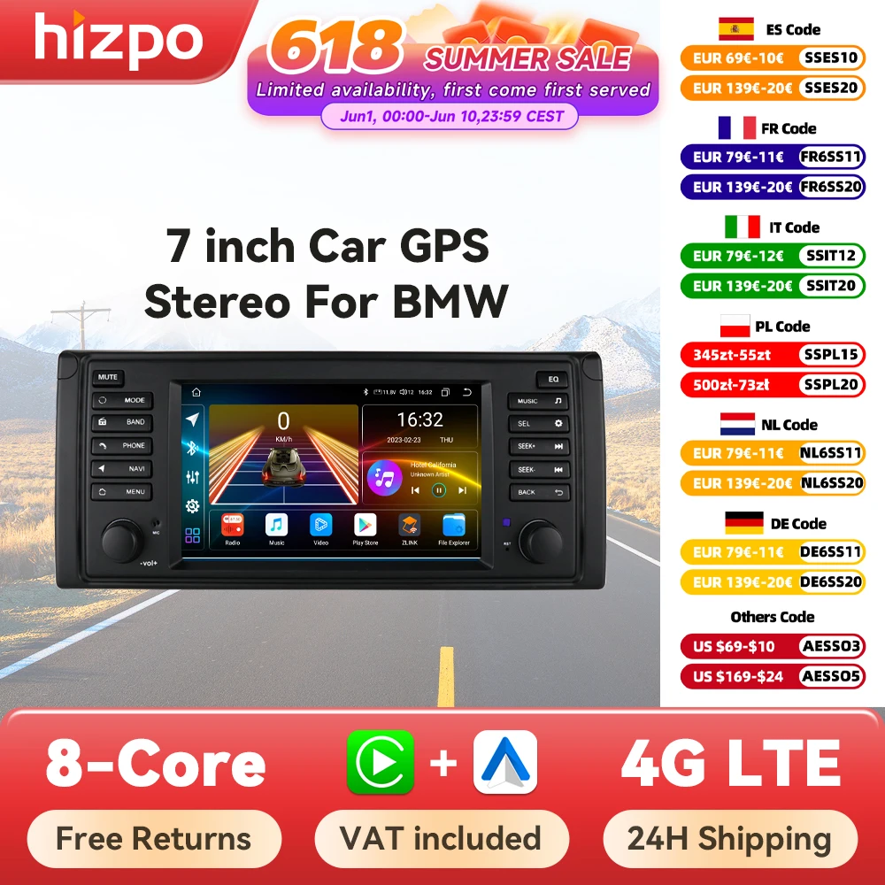 Hizpo systèmes intelligents de voiture pour BMW série 5 E39 X5 E53 M5 1996-2003 multimédia 2din Autoradio Android 13 Auto Carplay 7862 4G